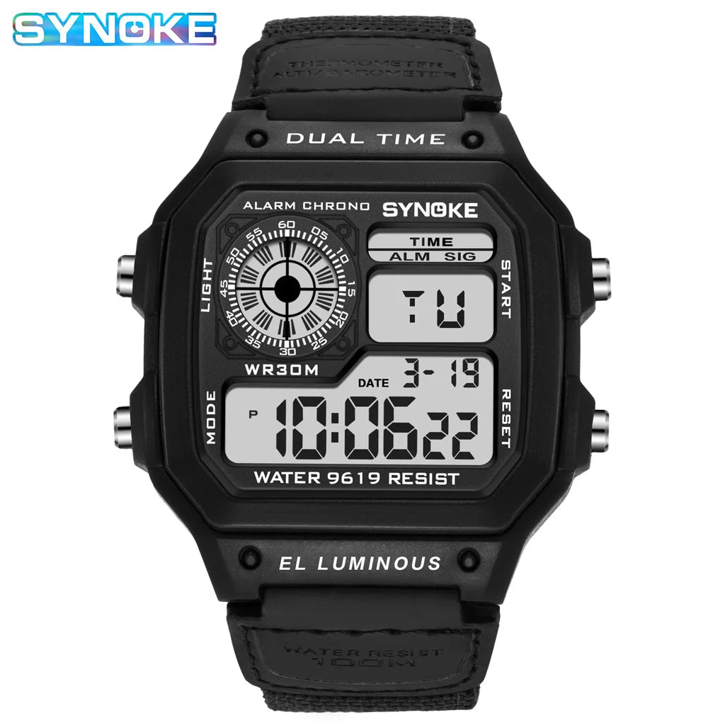 Synoke Outdoor Military Digital Watch For Men Fashion Retro Nylon Canvas Strap Sports Waterproof Watch Multifunctional Luminous