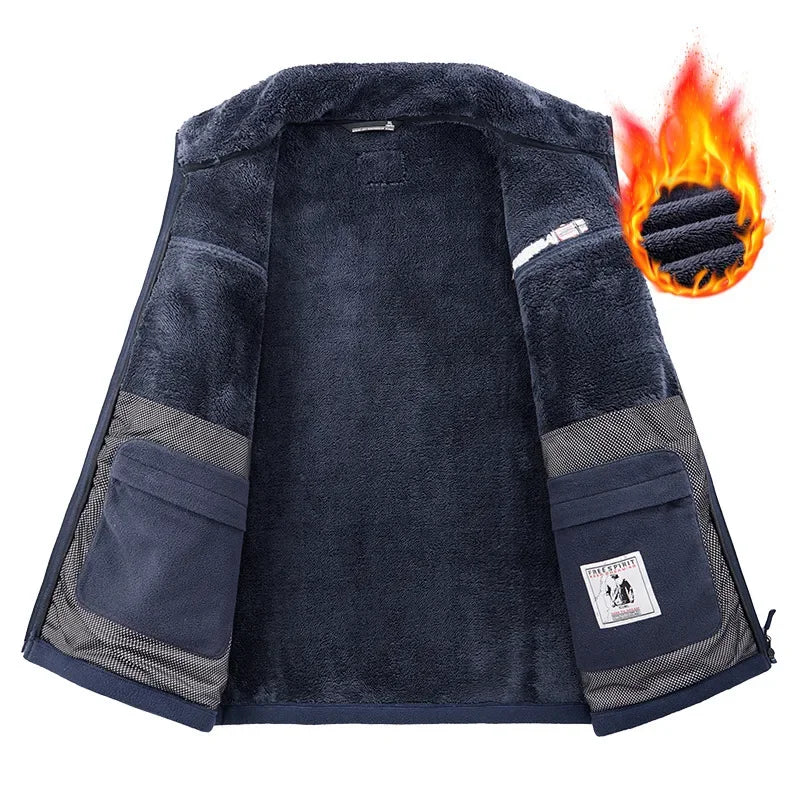 Men's Stand Collar Fleece Lined Jacket Autumn Winter Cold Proof Outerwear Sheep Fleece Lining Windproof Men's Outerwear