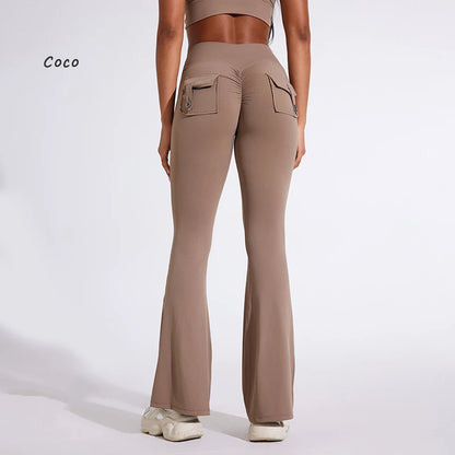 DIAS FIT JOY Women's pocket bell bottoms yoga high waisted hip lifting fitness pants quick drying running exercise fitness gym