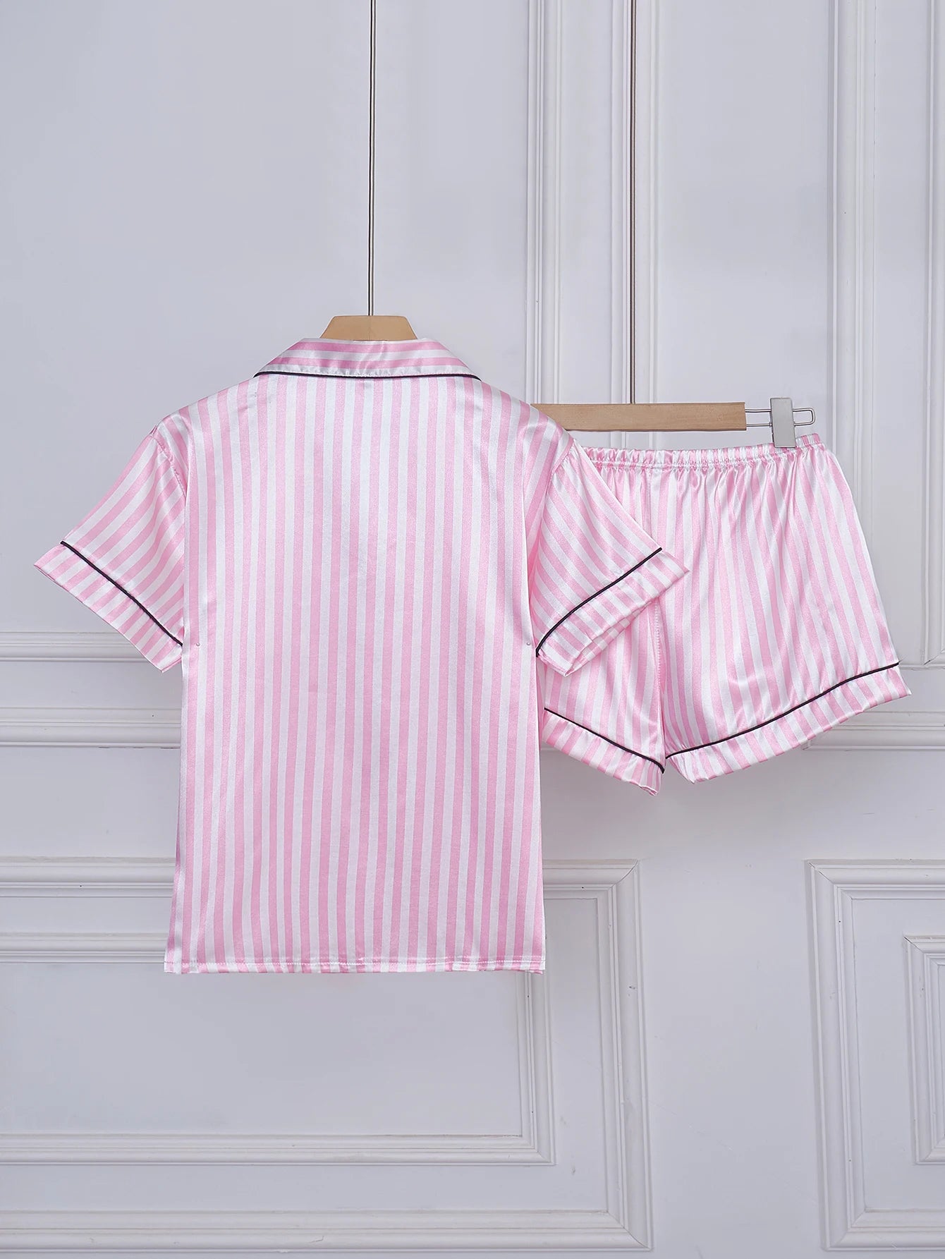 Striped Embroidered Letter Pocket Short Sleeve and Shorts Pajama Set, Casual Satin Sleepwear with Lapel Collar and Button Detail
