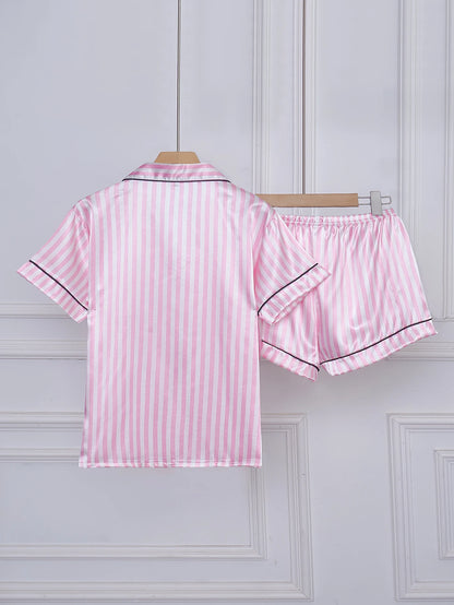 Striped Embroidered Letter Pocket Short Sleeve and Shorts Pajama Set, Casual Satin Sleepwear with Lapel Collar and Button Detail