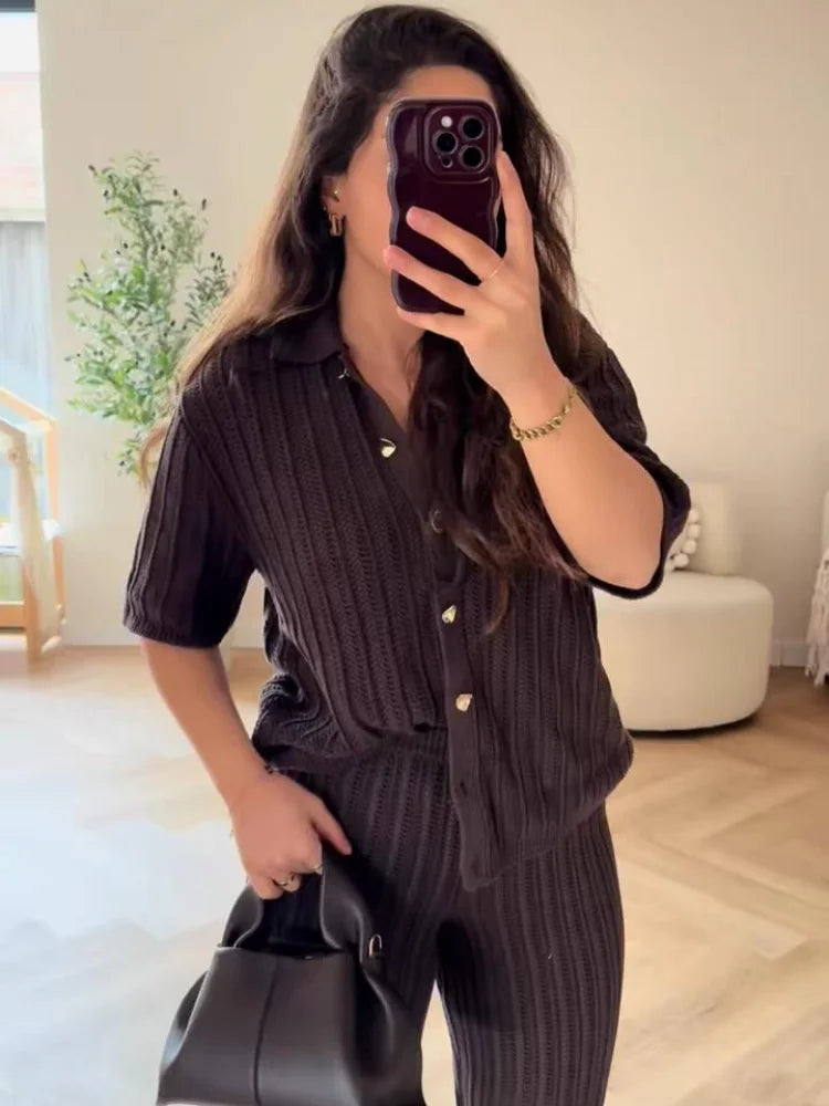 Vintage Knitted Loose Pants Set Women Brown Half Sleeve Lapel Single Breasted Cardigan Straight Trousers 2025 Fashion Solid Suit
