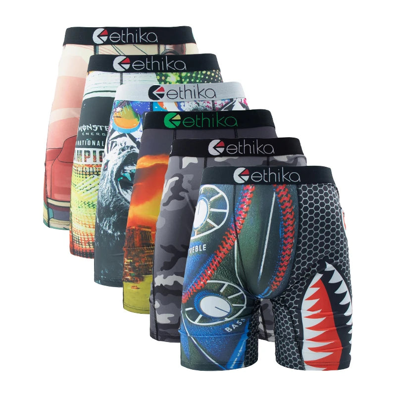 ETHIKA 6Pcs Men Underwear Boxers Breathable Man Swimming Underpants Plus Size Print Mens Panties Trunks Sexy Men's Boxershorts