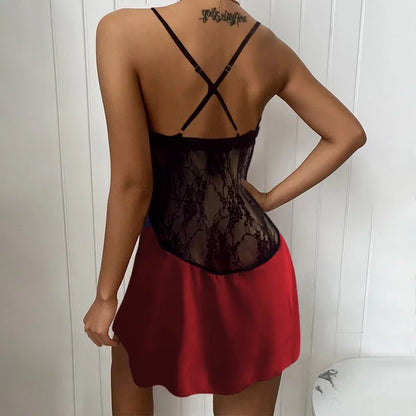 Fancy Lingerie Women's Sexy Backless Lace Low Neck Nightgown Dresses Pure Colour Women's Homewear Dresses Evening Gowns Dresses