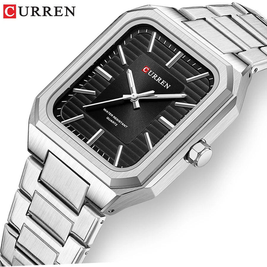 CURREN 8457 Square Minimalist Steel Band Watch Waterproof Couple Watch Men's and Women's Watch with Bar Dial