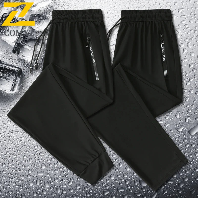 2025 Summer Men's Thin Ice Silk Casual Pants Loose Fit Plus Size Quick-Dry Elastic Joggers 9/4 Length Tapered Ankle Sweatpants