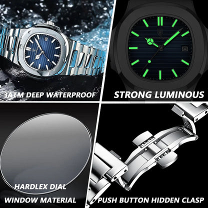 POEDAGAR Luxury Brand Men's Quartz Wristwatch Stainless Steel Waterproof Luminous Date Man Clock Square Business Watches For Men