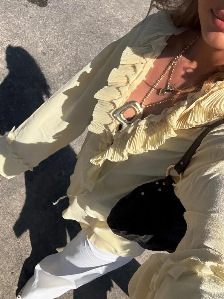 Women Solid Chiffon Ruffle Yellow Blouse Sheer V-neck Lace Up Full Flared Sleeve Shirts 2025 Summer Lady Fashion Loose Top New
