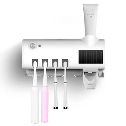 A wall mounted solar ultraviolet toothbrush sterilizer with automatic toothbrush holder and bathroom accessories
