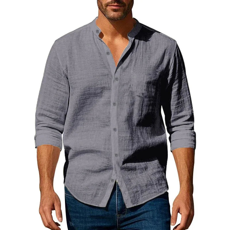 Cotton Linen Shirt for Men Henley Neck Solid Color Lightweight Breathable Slim Fit Single Breasted Shirt Long Sleeve Button Up