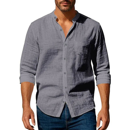 Cotton Linen Shirt for Men Henley Neck Solid Color Lightweight Breathable Slim Fit Single Breasted Shirt Long Sleeve Button Up