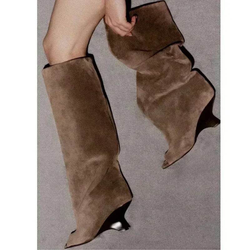 Four Seasons Spring/Summer New Women's Thick High Heels Knee Boots Fashion Show Fish Mouth High Heels Boots Women's Tall Boots