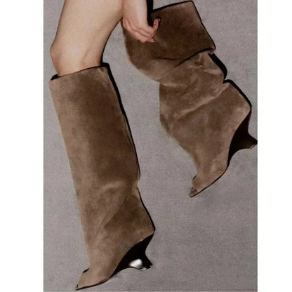 Four Seasons Spring/Summer New Women's Thick High Heels Knee Boots Fashion Show Fish Mouth High Heels Boots Women's Tall Boots