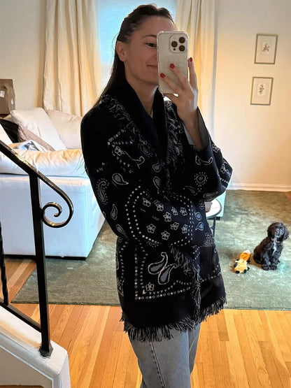 Tassel Patchwork Printed Cardigan Women Fashion V-neck Long Sleeve Loose Outerwears Lady Autumn Daily Commute Street Cardigans