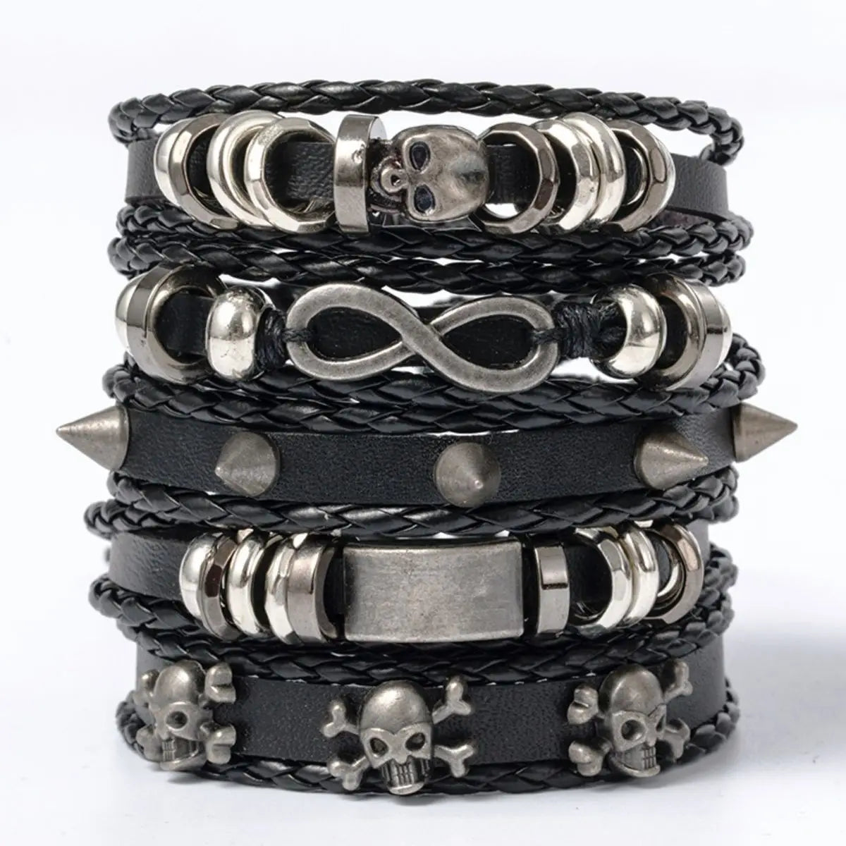 6pcs/Set Black Punk Skull & Star Shaped Alloy & Pu Leather Bracelet