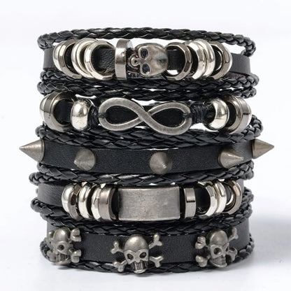 6pcs/Set Black Punk Skull & Star Shaped Alloy & Pu Leather Bracelet