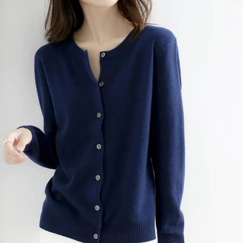 2025 New Worsted Spring And Autumn Women Cardigan Round Neck Knitwear Solid Color Fashion High-grade Knitwear Sweater