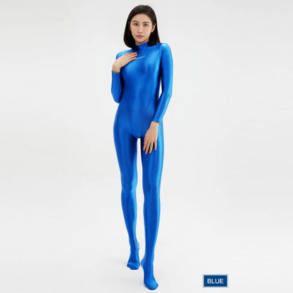 2023 AMORESY Women's Catsuit Playsuits Wetlook Shiny Glossy Tights Zipper Leotards Fullbody Overall Zentai Jumpsuits