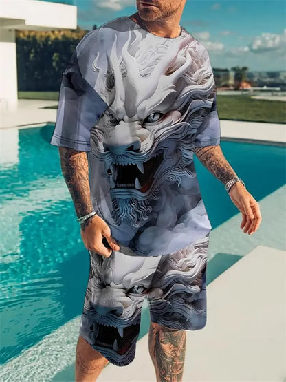 New Men's Sports Suit 3D Three-Dimensional Lion Print Short-Sleeved Outdoor Travel Leisure Two-Piece Suit Plus Size Clothing