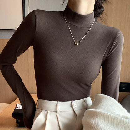 Women's Knitted Half-Turtleneck Pullover Sweater Elegant Korean Fashion Long-Sleeve Top Slim Fit Thermal Jumper Casual Knitwear