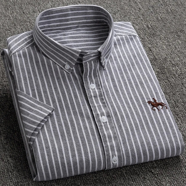 100% Pure Cotton Oxford Shirt For Men¡¯s Short Sleeve Solid Stripe Leisure Embroidered Horse Social Business Formal Dress Shirts