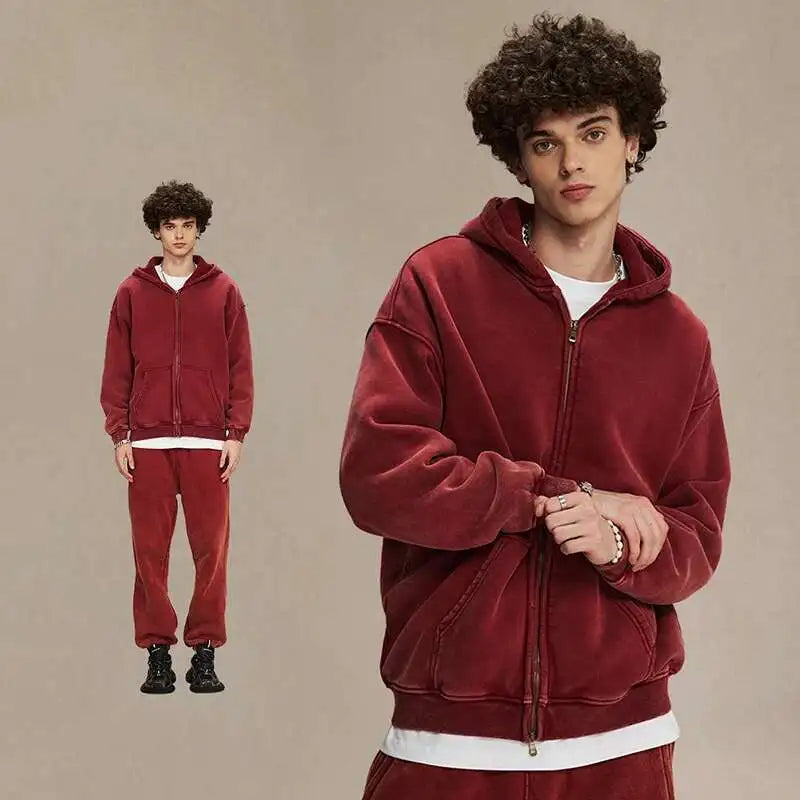 IEFB Men's Wear Wax Printing Vintage Male Hoodies Oversized Loose Zipper Water Washed Plush Sweatshirt Trendy New 9C9349