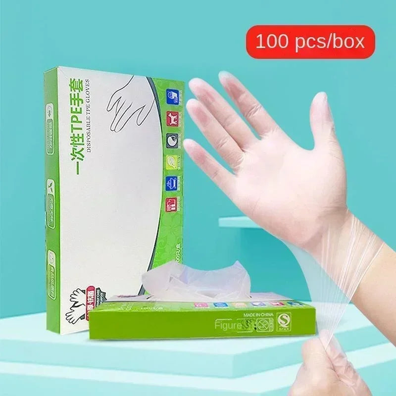 100PCS/BOX Latex Free Gloves TPE Disposable Gloves Transparent Non-Slip Acid Work Safety Food Grade Household Cleaning Gloves