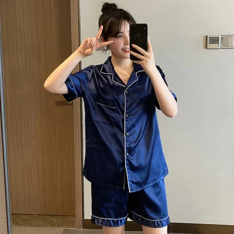 Solid Color Sleepwear Silk Satin Pajamas Couple Set Short-sleeved Pyjamas Suit Pijama Women Men Loungewear Plus Size Pj Set