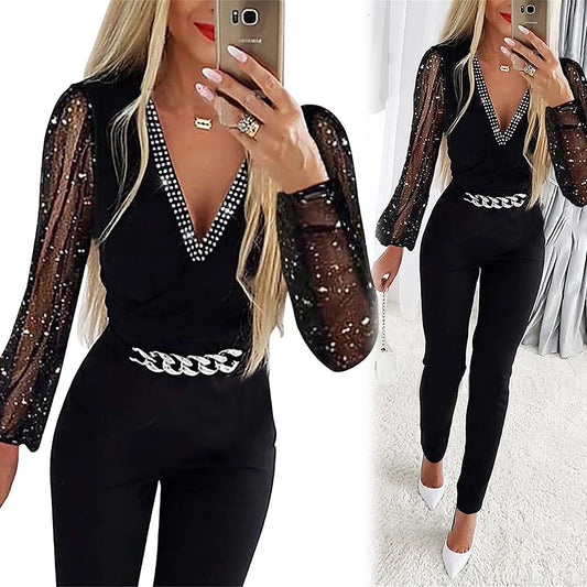 Jumpsuits Women One Piece V Neck Full Sleeve Tight High Waist Overalls Casual Sheath Long Pencil Pants Rompers Slim Fit Y2k