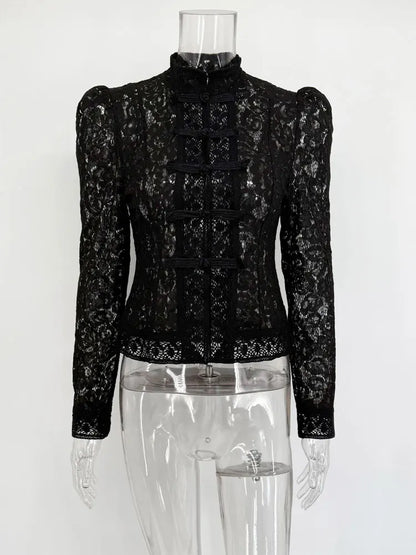Tossy Summer Lace Printed Shirts Tops Female Hollow Out Fashion Commute Vintage See-Through Blouse Women's Lace Shrug Shirts New