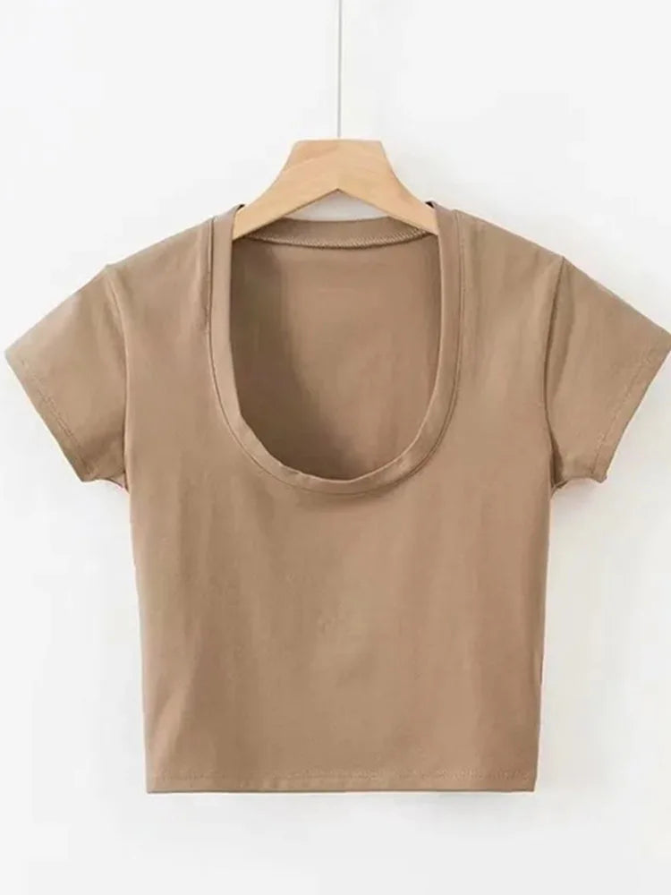 U-Neck Crop Top Solid Color Women Casual High Waist T Shirt Basic Sexy Streetwear Short Sleeve Slimming