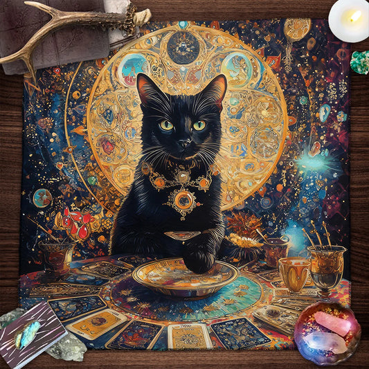 Colorful Mandala Black Cat Altar Cloth Tarot Tablecloth Witchcraft Cat & Moon Starry Sky Divination Cloth Tarot Mat Home Decor