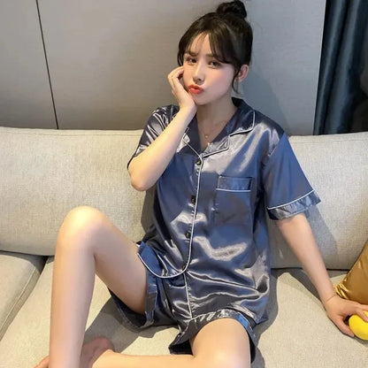 Solid Color Sleepwear Silk Satin Pajamas Couple Set Short-sleeved Pyjamas Suit Pijama Women Men Loungewear Plus Size Pj Set