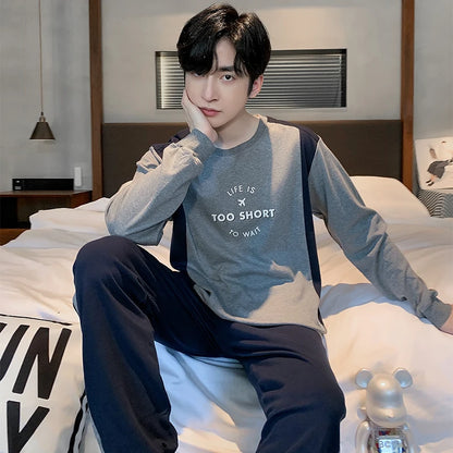 Spring Autumn Plus 4XL Knitted Men's Sleepwear Letter Lattice Pajamas Plaid Pajamas Sets Casual Loungewear Pyjamas Night Fashion