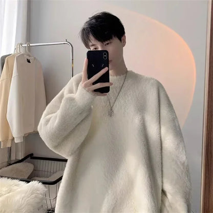 Autumn Men's Solid Fluffy Knitted Sweaters New Korean Fashion Loose Warm Pullovers Winter Couples Y2K Vintage Knitwear Jumpers