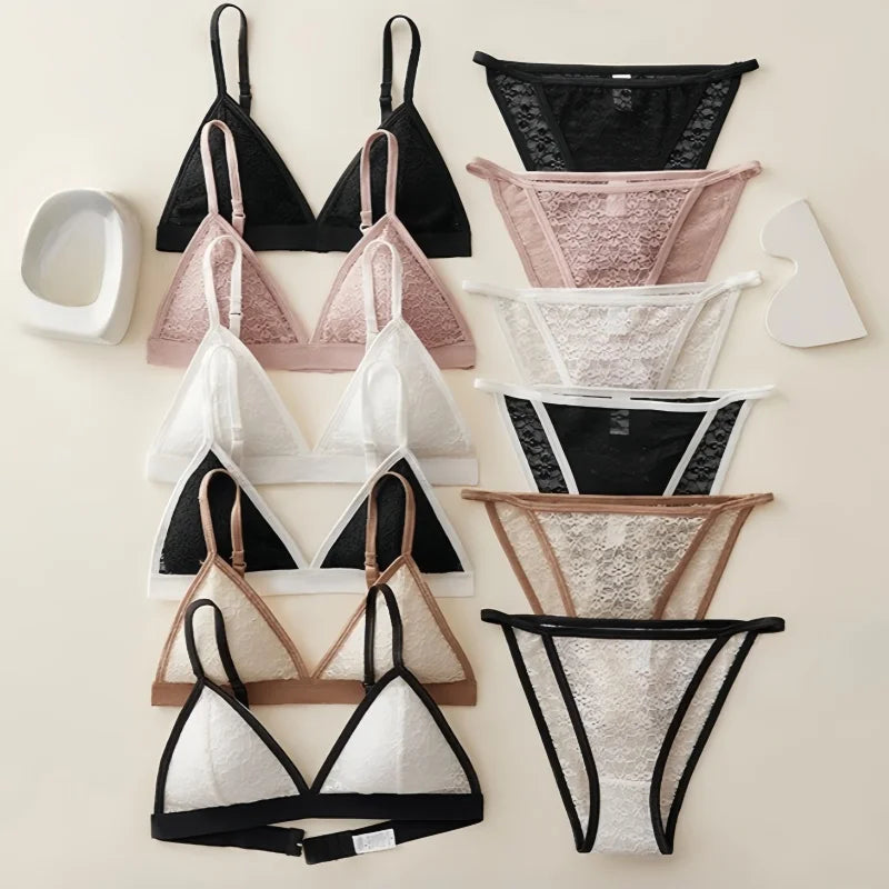 Women Lace Bra And Panties Set Non-wire Push Up Bralette Transparent Low Rise Panties Sexy Lingerie Set Female Lace Underwear