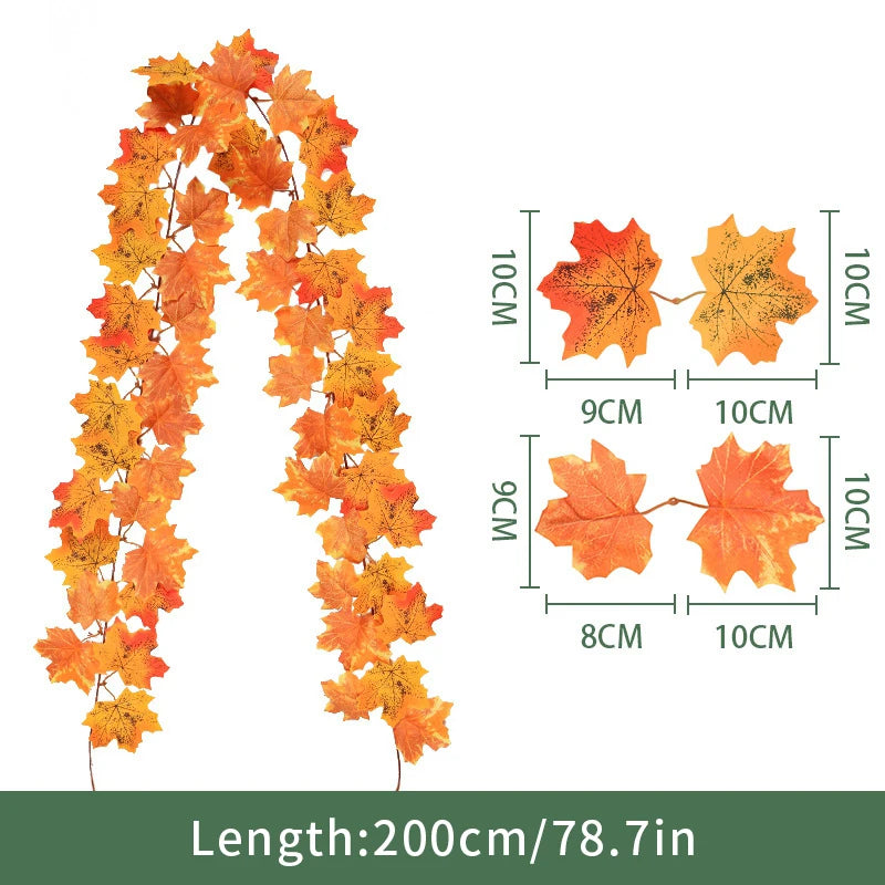 2M Artificial Maple Leaf Garland Fake Fallen Leaves Autumn Decor Rattan for Thanksgiving Halloween Festivals Wedding Xmas Decor