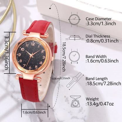 6PCS/Set Red Women's Watch With Minimalist Elements Dial Quartz Watch Latex Strap Cherry Elements Jewelry Set Girl's Gift