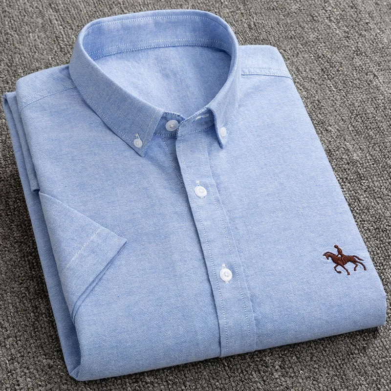 100% Pure Cotton Oxford Shirt For Men¡¯s Short Sleeve Solid Stripe Leisure Embroidered Horse Social Business Formal Dress Shirts