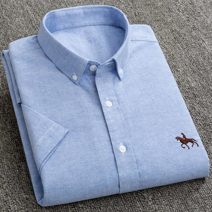 100% Pure Cotton Oxford Shirt For Men¡¯s Short Sleeve Solid Stripe Leisure Embroidered Horse Social Business Formal Dress Shirts