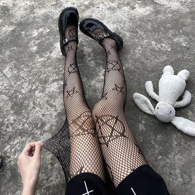 Gothic Fishnet Stockings Black Tights Women Sexy Nylon Sheer Pantyhose Lolita Hollow Out Floral Lace Pantyhose Cosplay Plus Size