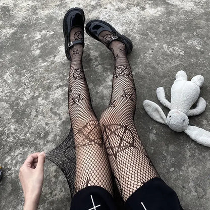 Gothic Fishnet Stockings Black Tights Women Sexy Nylon Sheer Pantyhose Lolita Hollow Out Floral Lace Pantyhose Cosplay Plus Size