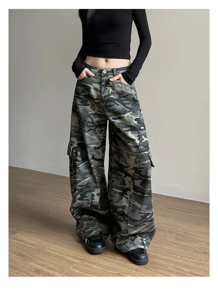 Women's Large Pocket Curved Wide Leg Camouflage Cool Girl Street Straight Bottoms Female Summer Unisex Loose Trousers