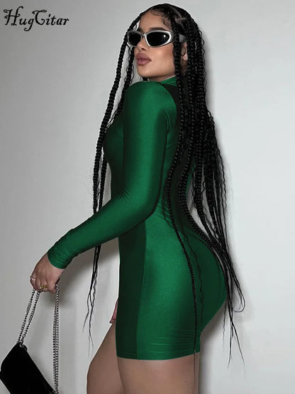 Hugcitar Solid Turtleneck Long Sleeve Zip Up Sexy Slim Skinny One Piece Playsuit 2024 Fall Women Fashion Streetwear Party Romper