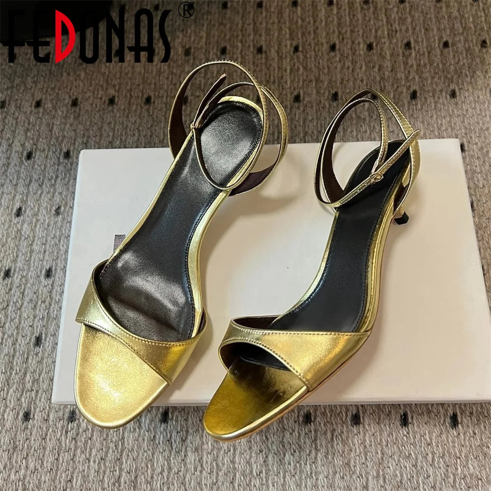 FEDONAS Sexy Women Genuine Leather Sandals Kitten High Heels Summer Party Wedding Shoes Woman Gold Black White Prom Pumps