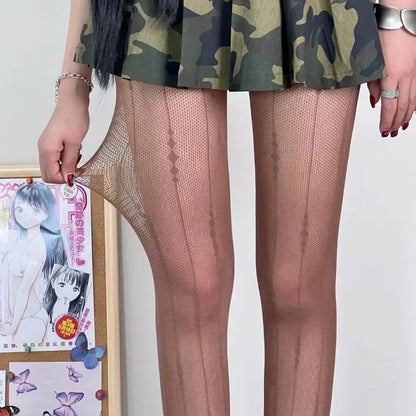 Women Sexy Lace Fishnet Stockings Lolita Hollow Out Solid Pantyhose JK Japanese Style High Waist Vintage Rhombus Striped Tights