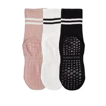 3-Pair Female Pilates Indoor Anti Slip Silicone Floor Socks Breathable Double Bar Middle Socks Fitness Dance Exercise Yoga Socks