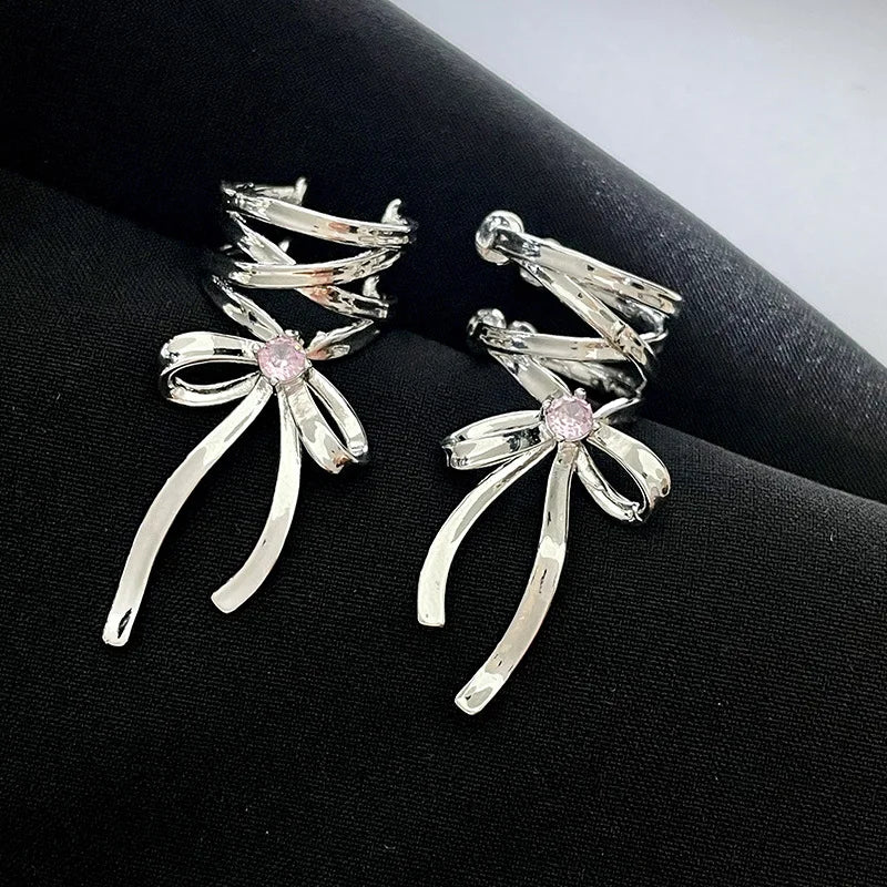 Y2K Girls New Ribbon Aesthetics Ear Clips Ballet Style Ribbon Bow-Knot Ear Cuff Women Korean Fashion Kpop Earring Jewelry Gifts