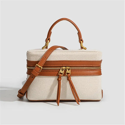 Retro Splicing Canvas Box Bag, Commuter Tote Shoulder Crossbody Bags For Women Daily Lunch Box Bag Pouch