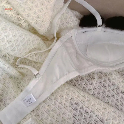 Women's Cartoon Panda Pattern Winter Lingerie Furry Plush Bra and Panty Set School Girl Japanese Anime Cosplay Underwear